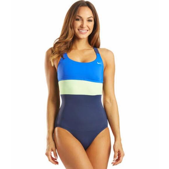 Nike One Piece Colorblock Striped Swimsuit Criss Cross Open Racerback Large - Picture 1 of 9
